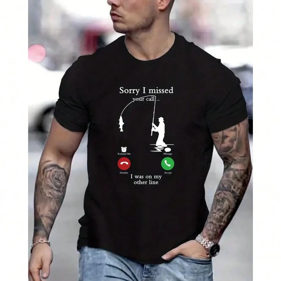 PRO THOR Men's Summer Leisure Fun Fishing & Unanswered Call Print T-Shirt With Breathable Mesh Fabric - Black - View 1