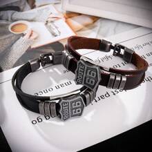 1pc Fashion Alloy & Leather Men's Bracelet, With Number '66' Feature, For Daily Wear - Brown - View 3