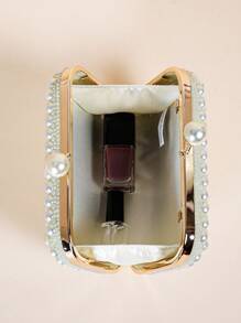 迷人整體珍珠珠光面吻鎖金屬鏈手拿包,優雅紋理框架婚禮錢包,派對舞會晚餐晚餐包 - 米色 - 查看 8