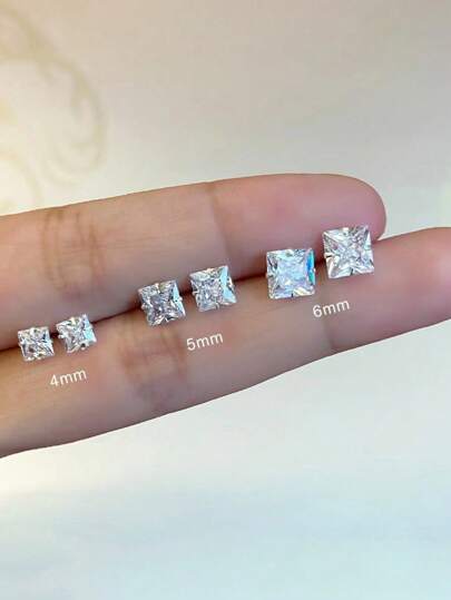 BALMORA 1pair 925 Sterling Silver Mini Square Shape Cz Stud Earrings, Korean Style Full Paved Rhinestones Decoration 3mm-8mm Size Suitable For Women's Daily Wear