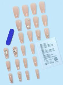 24 piezas/Set Uñas postizas con diseño largo forma ata de félix con detalles de ojo de gato y piedras de pedrería adecuadas para fiestas, bailes, uso diario y suministros de uñas de prensado - Multicolor - Ver 2
