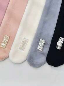 1入組女士假珍珠裝飾絨毛圍巾,冬季時尚配件 - 黑色 - 查看 4