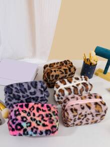 1個可愛的毛絨化妝包,豹紋八角包,暖冬便攜式手拿包,時尚化妝品組織器,多功能旅行收納包 - 白色 - 查看 4