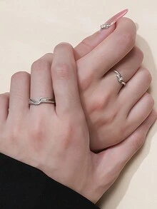 1入時尚簡約的925純銀可調節立方氧化鋯情侶戒指,情人節禮物,紀念日,適合男女日常辦公室穿著 - 銀色 - 查看 6