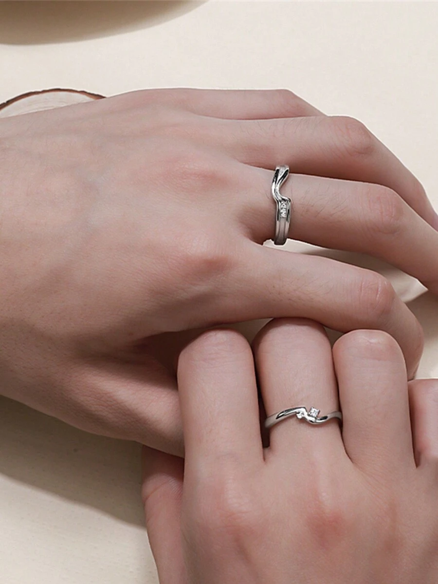 1入時尚簡約的925純銀可調節立方氧化鋯情侶戒指,情人節禮物,紀念日,適合男女日常辦公室穿著 - 銀色 - 查看 1