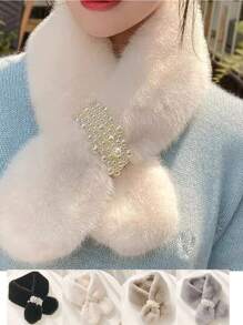 1入組女士假珍珠裝飾絨毛圍巾,冬季時尚配件 - 黑色 - 查看 5