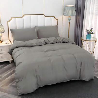 3pcs/set Solid Duvet Cover Set (1pc Comforter Cover & 2pcs Pillowcase), Minimalist Polyester Bedding Set For Home