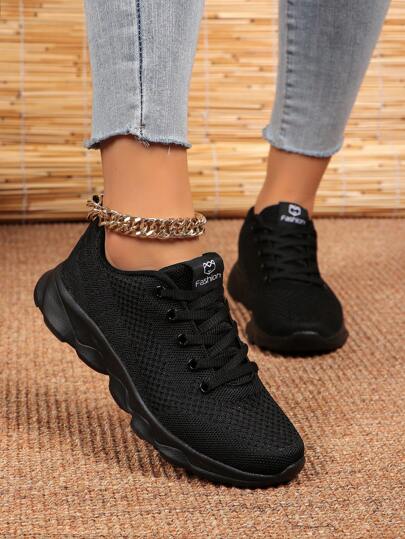 Women's Fabric Sports Shoes, Front Lace-Up With Mesh Decoration, Outdoor Running And Fitness Shoes