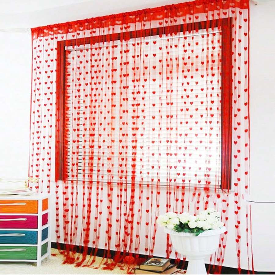 Small Heart Decorative Door Curtains Partition Curtain Wedding Room Decor - Red - View 1