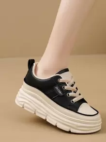 Zapatos Informales Para Niña Con Suela Gruesa Para Aumentar La Altura, Resistente Al Desgaste, Parte Superior PU, Estilo Simple, Adecuados Para Otoño, Combina Con Todo