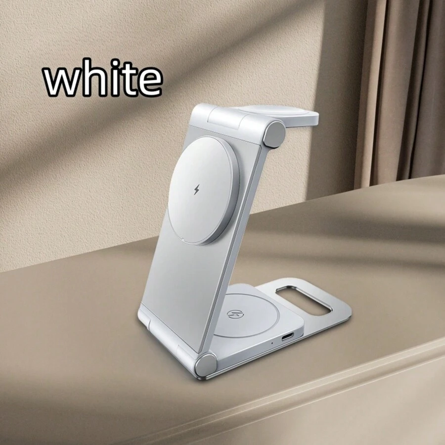 YITUMU 可折疊式3合1桌面無線充電器，兼容多種設備充電座，適用於Apple Watch iPhone - 白色 - 查看 1