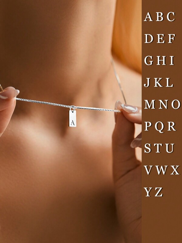 SYMFNY 1pc 925 Sterling Silver Minimalist Glossy Finish A-z 26 English Letter Rectangular Pendant Box Chain Necklace Suitable For Men And Women Daily Wearing And Gift Giving