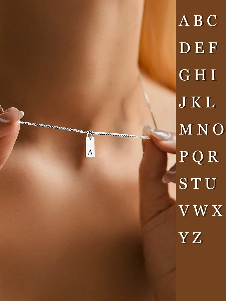 SYMFNY 1pc 925 Sterling Silver Minimalist Glossy Finish A-z 26 English Letter Rectangular Pendant Box Chain Necklace Suitable For Men And Women Daily Wearing And Gift Giving - Silver - View 1
