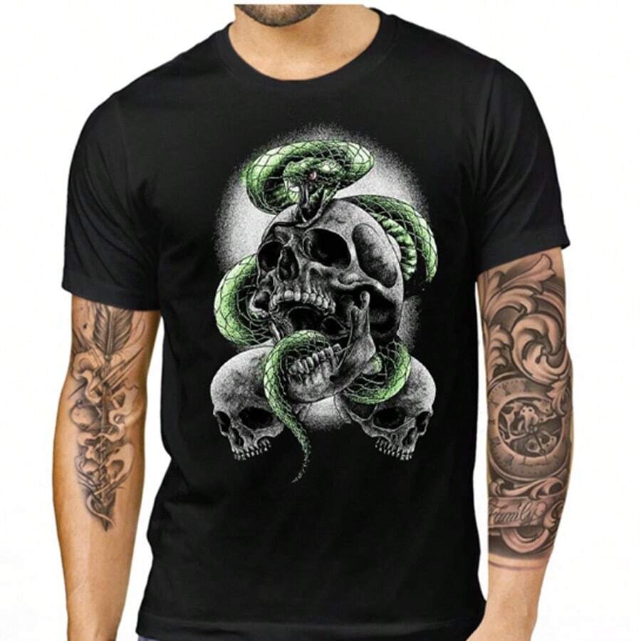 Camiseta Masculina Caveira e Cobra em Sintonia Estilosa
