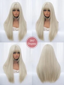 1 件合成耐熱直髮瀏海假髮奶灰色 26 吋全機織日常自然逼真假髮 - 淺灰色 - 查看 8