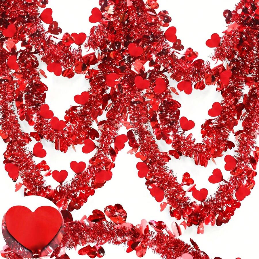2pcs, 13Feet/4M Valentines Heart Red Tinsel Garland Decorations Twist Garland Metallic Streamer St. Patrick's Day Valentine's Day Decorations For Home Tree Indoor Outdoor Wedding Hanging Decor - Red - View 1