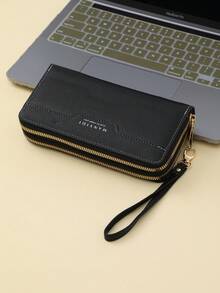 女用 Pu 皮長皮夾附腕帶,雙拉鍊,字母圖案,純色（相容手機） - 黑色 - 查看 4
