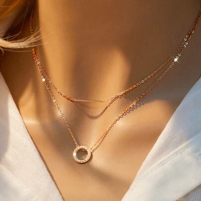 SYMFNY 1pc 925 Sterling Silver Rose Gold Round Open Cubic Zirconia Layered Bar Necklace