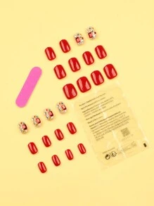 24pcs Short Round Shaped Maroon Color Simple Style Wearable False Nails With Rhinestone Decoration, Reusable For Daily Or Festival Outfits - Multicolor - View 2
