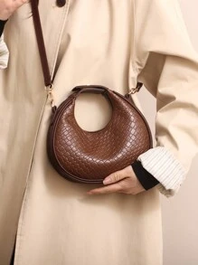 1pc Zipper Closure Solid Color Pu Woven Bag, Retro Style, Crescent-Shaped Bag, Shoulder, Crossbody Bag For Women, Suitable For Dating, Daily Gift Use - Coffee Brown - View 4