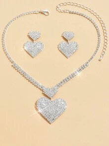 3pcs 2024 New Style Heart Design Fashionable Wedding/Party/Valentine's Day Gift Jewelry Set - Heart Shape Necklace And Earrings Set Suitable For Daily Use - Silver - View 4