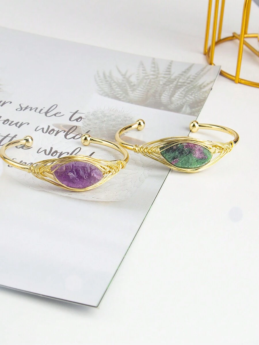 1入組低調奢華14k鍍金寶石鑲嵌幸運能量石手鍊,中性風格,派對假日禮物 - 手鐲 - 查看 1