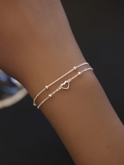 SYMFNY 1pc 925 Sterling Silver Minimalist Hollow Out Double-Layer Heart Link Bracelet Valentines