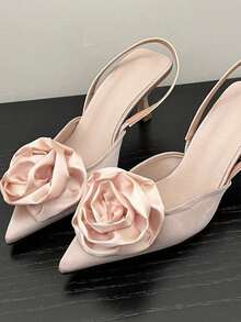 2023新款情人节玫瑰装饰高跟凉鞋，尖头细跟女鞋 - 淺粉色 - 查看 2