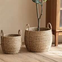 1pc Handmade Seagrass Woven Basket With Handle Rural Style Decorative Flower Pot Large Dirty Clothes Storage Basket - Maroon - View 7