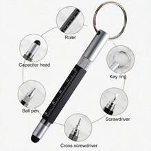 1Pc 6-In-1 Multifunctional Keychain For Men, Portable Ballpoint Pen Pendant Keychain For Outdoor Emergency, Multifunctional Metal Touch Screen Writing Screwdriver Small Tool Keychain - Black - View 7