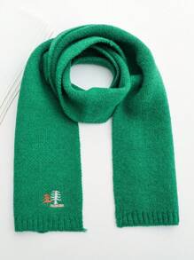 Warm Knitted Christmas Scarf For Kids, Autumn & Winter, Unisex Solid Color Scarf With Christmas Tree Pattern - Green - View 1