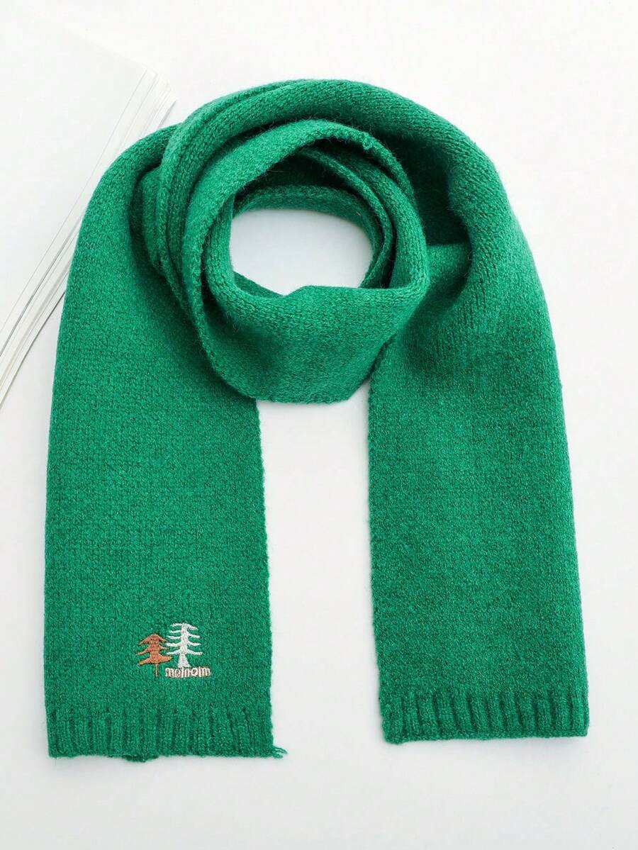 Warm Knitted Christmas Scarf For Kids, Autumn & Winter, Unisex Solid Color Scarf With Christmas Tree Pattern - Green - View 1