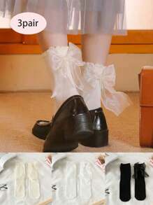 3對蝴蝶結蕾絲邊襪子,可愛的日系jk中筒襪,女人專用 - 灰色 - 查看 1