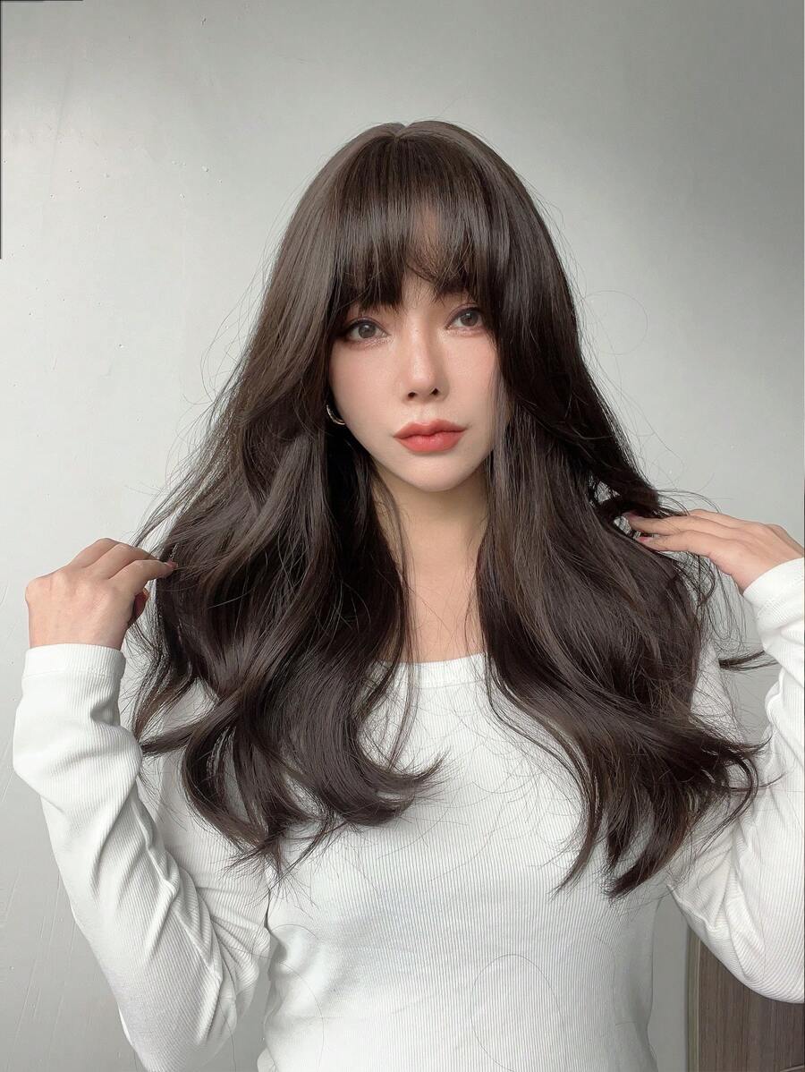 Chic At 20 Inches! Black Synthetic Wig With Wavy Curls, Bangs – Perfect For Everyday Glam - Black - View 1