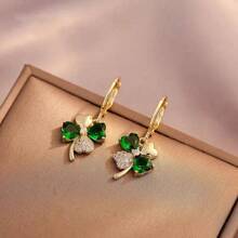 1pair Bohemian Style Clover Shaped Copper Earrings, Suitable For Holiday Wear, Such As Christmas Day, Thanksgiving Day, - Green - View 7