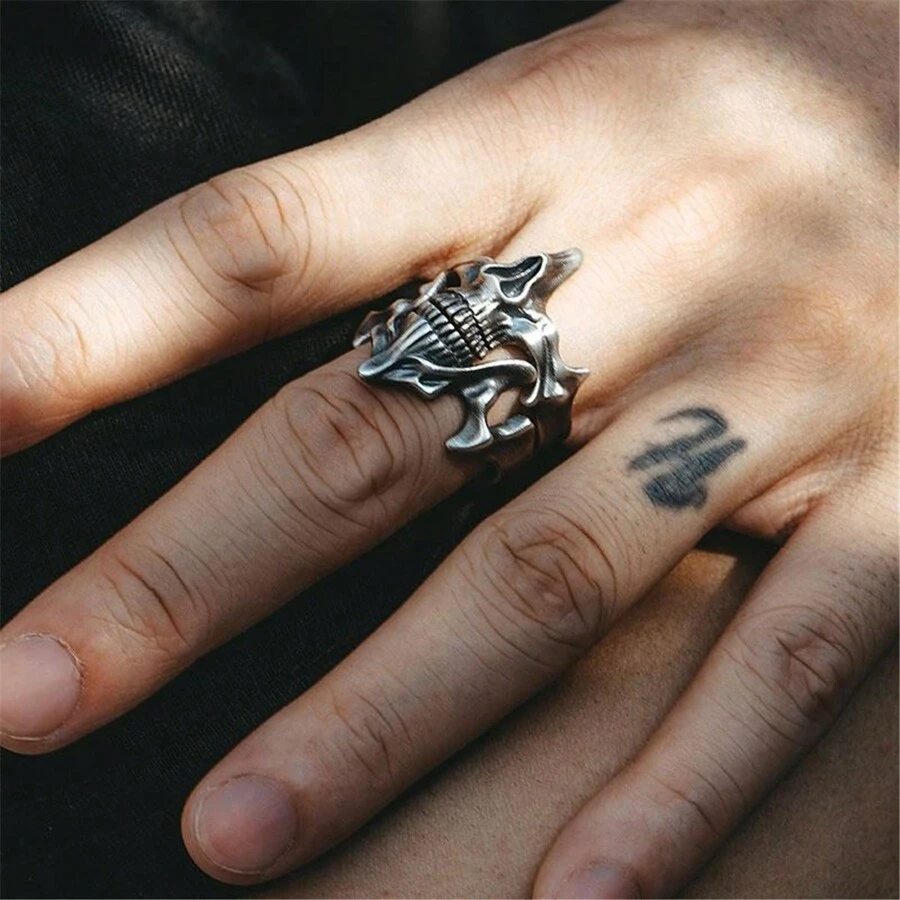 2pcs/Set Skull & Gun Shaped Punk Vintage Style Open Ring, Suitable For Men's Daily Wear - Gun Black - View 1