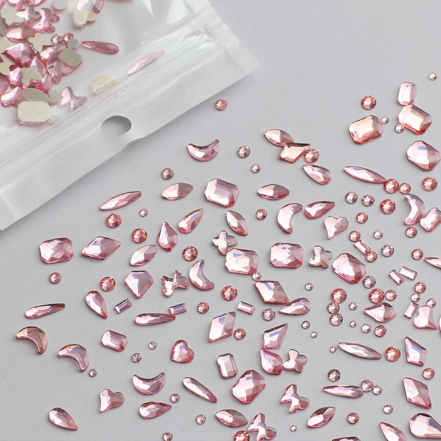 100入組不同大小和形狀的鑽石,螺紋和玻璃鑽石,適用於指甲藝術diy裝飾 - 粉色 - 查看 1