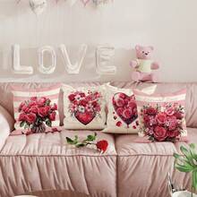 4入組/套 快樂情人節紅色花卉抱枕套,情人節抱枕套,絲絨裝飾靠墊套45*45公分/18*18英吋,適用於情人節聚會客廳臥室沙發床裝飾禮物 - 紅色 - 查看 2