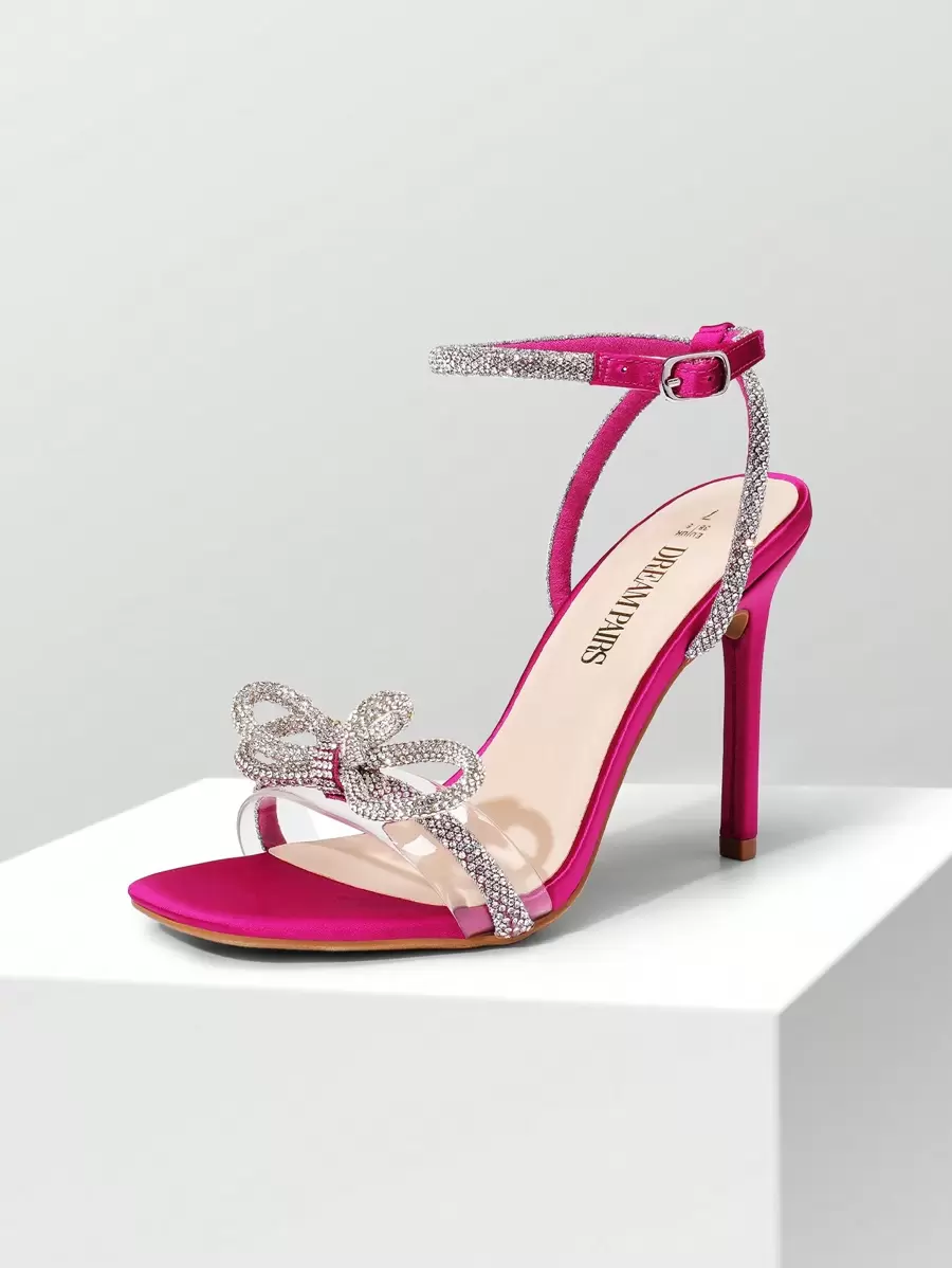 Women Bowknots Crystal Heeled Sandals Fashion Square Toe Rhinestone Decor Ankle Strap Heels For Sweet-Meets-Sassy Styles, For Autumn Party Wedding Prom - 玫紅色 - 查看 1
