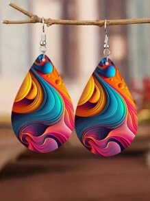 1對多色油畫木質淚滴吊墜耳環,時尚藝術極簡珠寶適用於派對、表演和節日 - 混彩油畫 - 查看 3