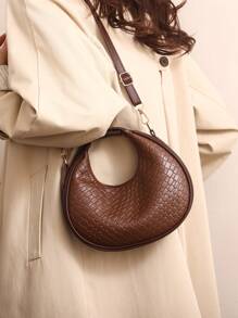 1pc Zipper Closure Solid Color Pu Woven Bag, Retro Style, Crescent-Shaped Bag, Shoulder, Crossbody Bag For Women, Suitable For Dating, Daily Gift Use - Coffee Brown - View 6