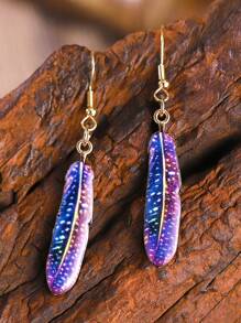 1對復古羽毛造型耳環,創意設計羽毛和葉子造型吊墜,適合女性 - 藍色 - 查看 2