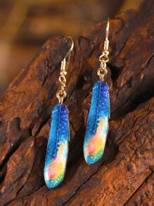 1對復古羽毛造型耳環,創意設計羽毛和葉子造型吊墜,適合女性 - 藍色 - 查看 4