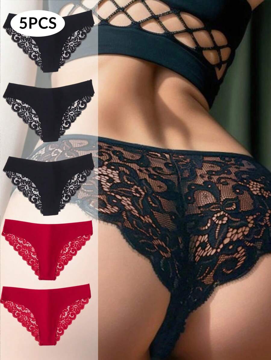 5 件/套 鏤空蕾絲性感女式內褲 - 彩色 - 查看 1