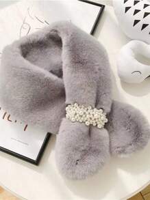 1入女士假珍珠裝飾毛絨保暖圍巾,時尚多變,冬季必備 - 灰色 - 查看 1