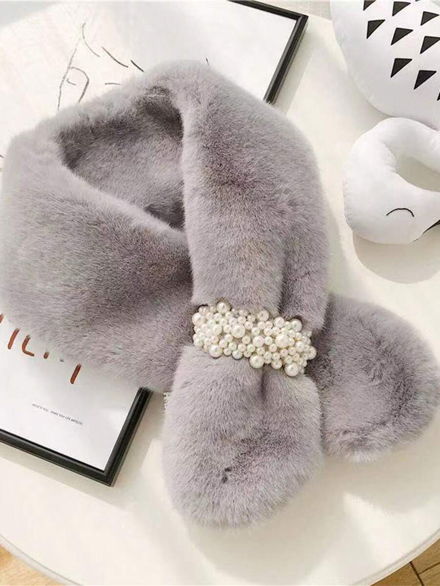 1入女士假珍珠裝飾毛絨保暖圍巾,時尚多變,冬季必備 - 灰色 - 查看 1