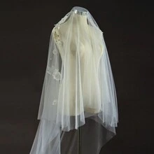 1 件双层蕾丝和珍珠新娘面纱，适合婚礼拍照和仪式秋季女士服装 - 米色 - 查看 9