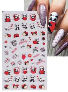 1入組熊貓5D浮雕情人節可愛設計修指甲貼紙，美甲膠片貼花女士裝飾 - 彩色 - 查看 1