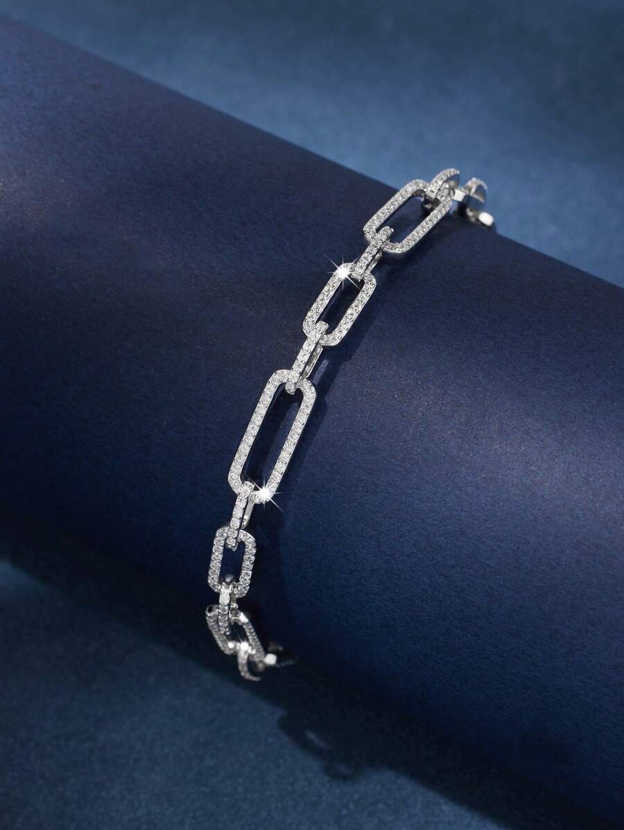 SYMFNY 1pc S925 Sterling Silver Elegant Chain Type Geometric Bracelet With Cubic Zirconia, Suitable For Daily Wear Of Women