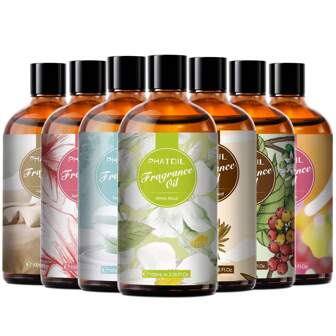 PHATOIL 1入組100ml/3.38fl.oz香氛精油，適用於擴香機和加濕器，附白麝香、新鮮亞麻布、泡泡糖、海風、巴爾馬堇、黑色蘭花、橙花、嬰兒粉、日本玉蘭、柑桔、咖啡、忍冬花、小白花、天使、森林龍血等多種香氛可供選擇